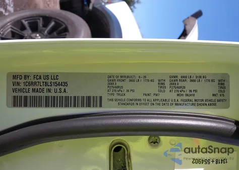 2020 Ram 1500 Classic Warlock 4X4 5'7 Box z USA, uszkodzony, nr VIN 1C6RR7LT8LS154435